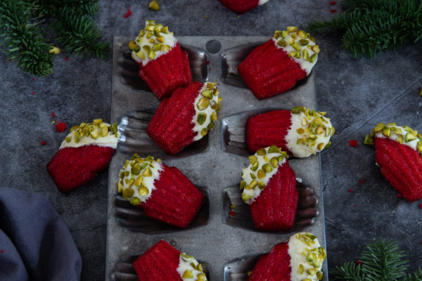 madeleines red velvet chocolat blanc pistache